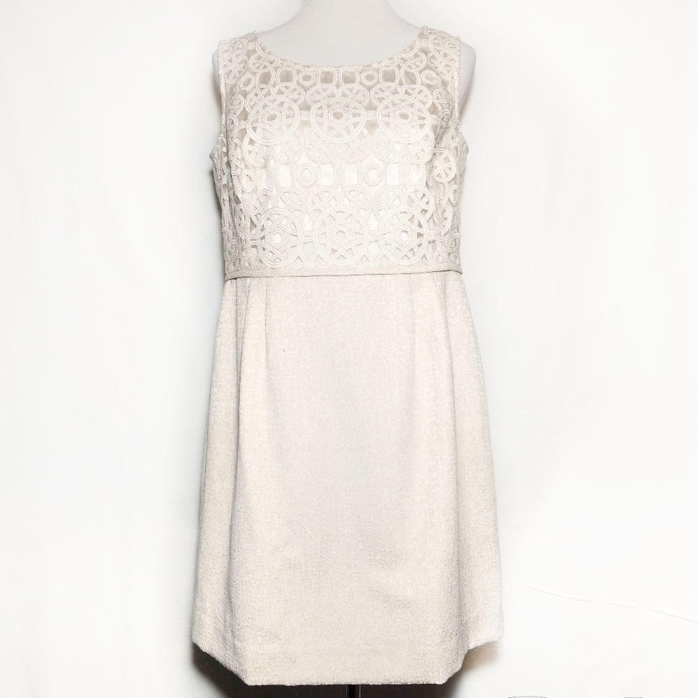 Tahari Jacquard Ivory and Gold Dress